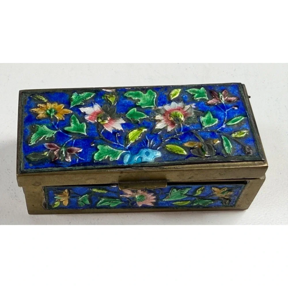 VTG Chinese Cloisonne Copper/Brass Enamel Floral Hinged Trinket Jewelry Box READ